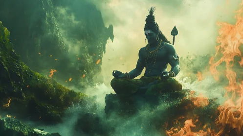 Meditating blue deity holds calm at the edge of wildfire.
