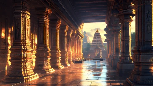 Golden temple corridor glows in warm sunrise light.