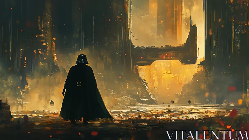 Cloaked figure surveys dystopian megastructure in hazy backlit corridor