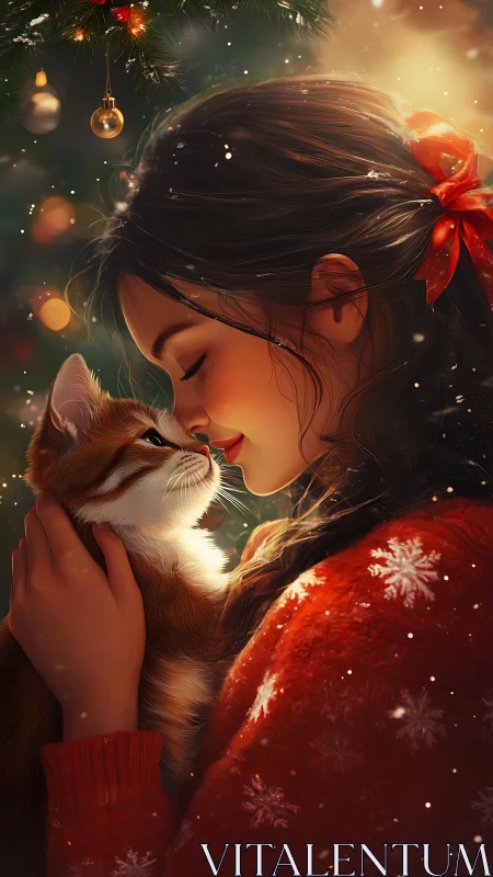 Girl holds cat close beside decorated Christmas tree