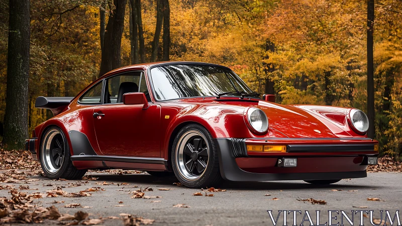 Classic red sports coupe glowing in golden autumn woods.