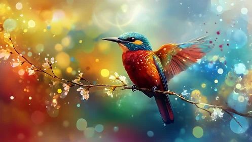 Vibrant Kingfisher on a Branch in Dreamy Digital Art Style.