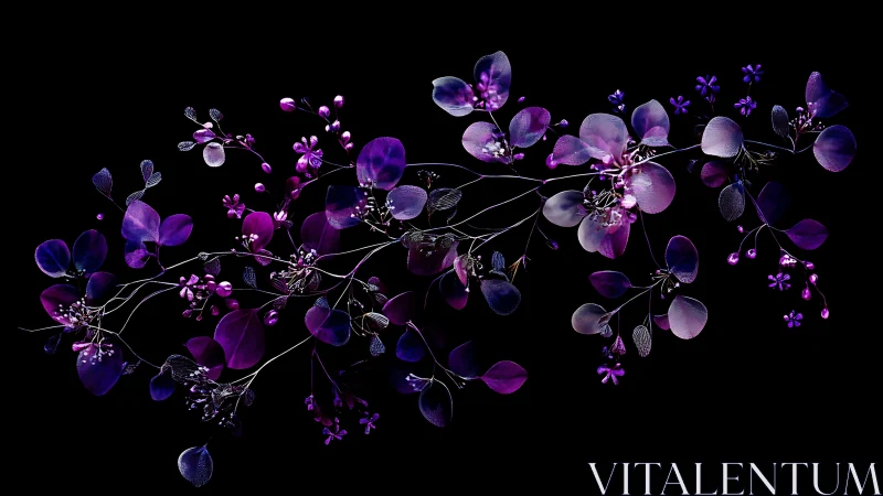 Purple Noctilucent Botanical Arrangement on Deep Black Background. 3D Render