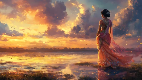 Woman in ornate sari stands beside reflective sunset water