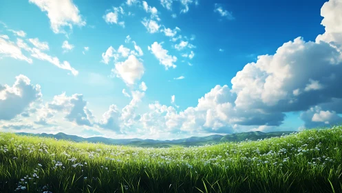 Sunny green meadow with wildflowers under deep blue sky