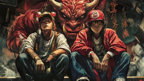 Urban duo with red oni guardian in gritty alley scene.