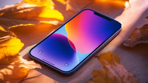 Smartphone with gradient display wallpaper on autumn surface.