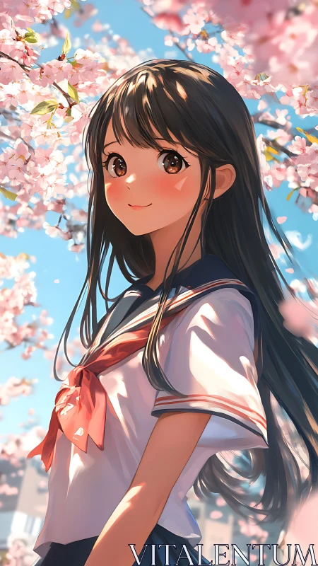 Spring breeze surrounds smiling schoolgirl in sakura glow.