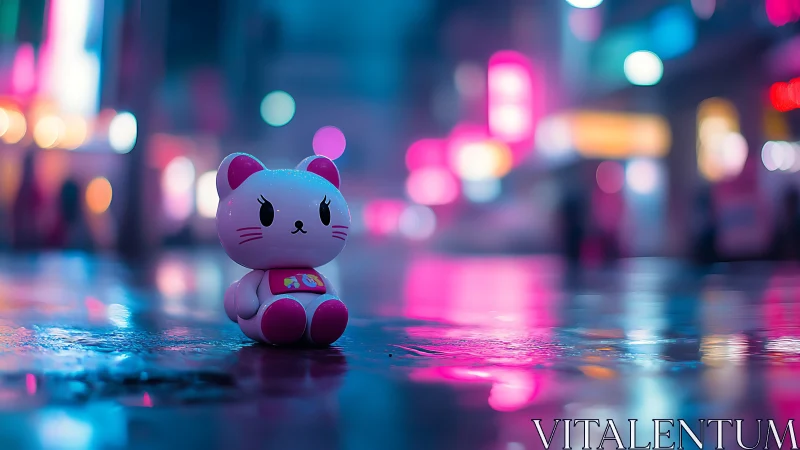 Toy cat figure on wet neon street with blurred city lights.