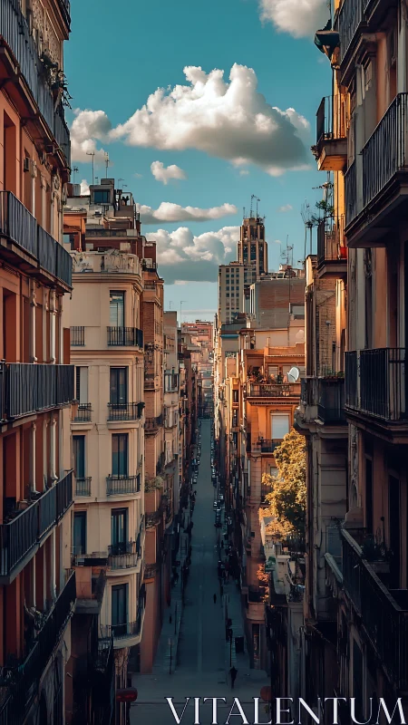 Golden hour perspective on narrow European urban street.