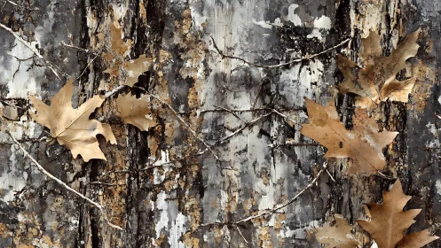 Dry maple leaves on weathered tree bark with branching vines.