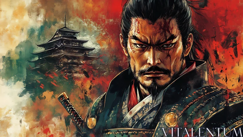 Samurai warlord portrait with bloodstained armor and castle.
