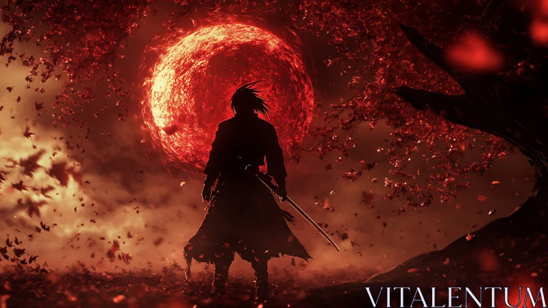 Lone swordsman confronts blazing blood moon amid red leaves.
