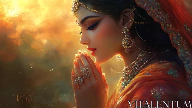 Radiant bride in prayer glows against a warm sunset aura.
