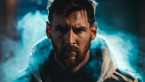 Male subject in hooded jacket amid blue atmospheric haze.