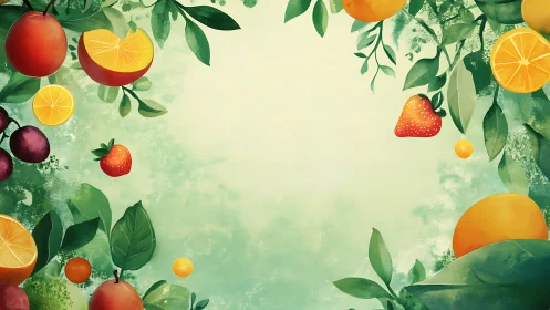 Vibrant citrus and berry border on soft green watercolor field