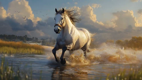Galloping white horse charges through a glowing river at dusk.