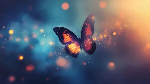 Glowing butterfly drifts through dreamy bokeh twilight sky.