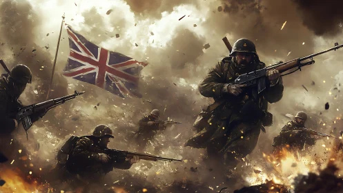 British infantry charge through smoke-filled battlefield storm.