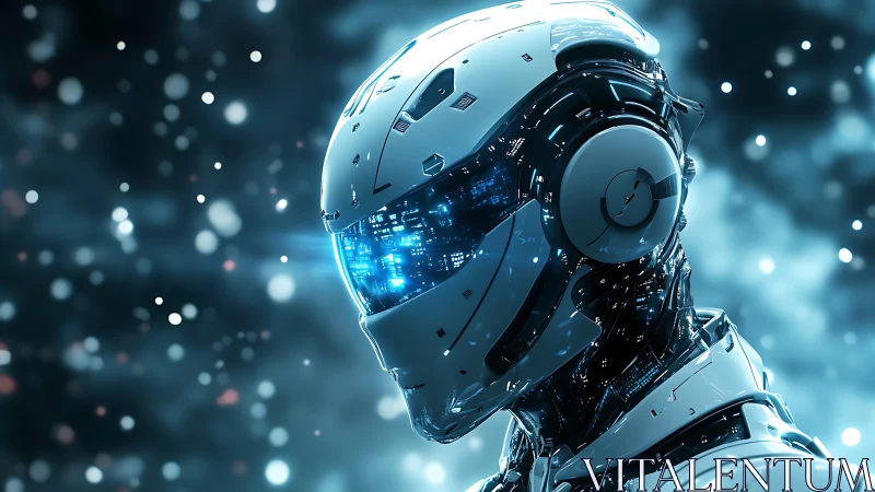 Quantum-lit synthetic android head with luminous circuit visor.