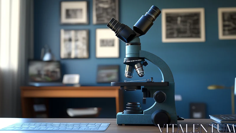 Study-side microscope waits in sunlit, teal-walled workspace.