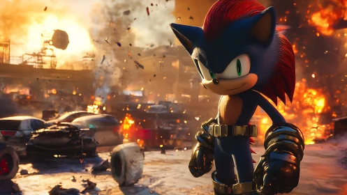 Anthropomorphic hedgehog figure in burning urban wreckage.