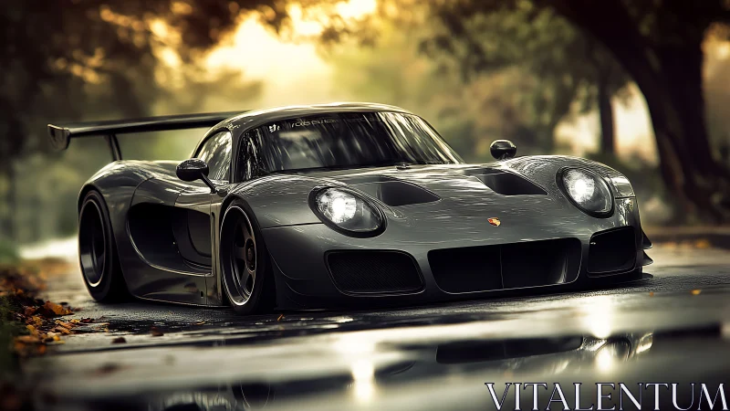 Storm-gray race car prowls a rain-slick autumn boulevard.