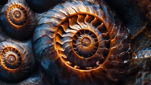 Luminescent ammonite spirals with metallic macro detail.