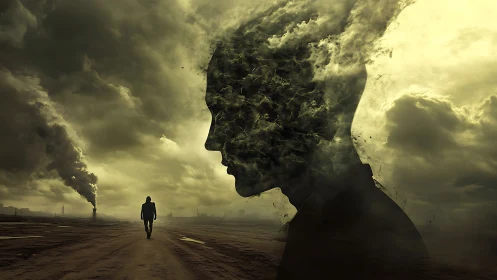 Silhouetted man in wasteland within stormy human profile.