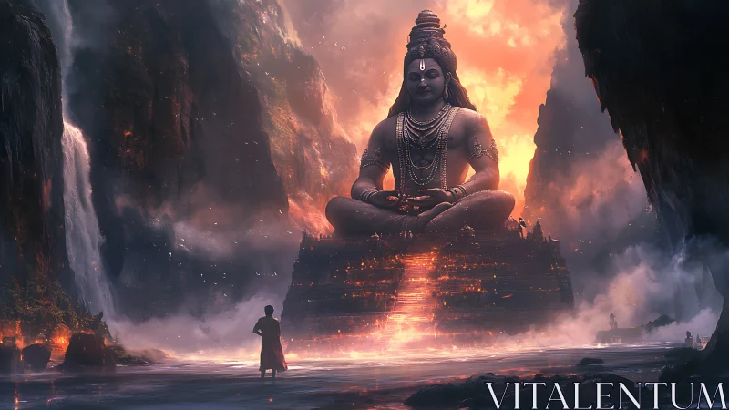 Colossal meditative deity above volcanic-tiered temple cascade.
