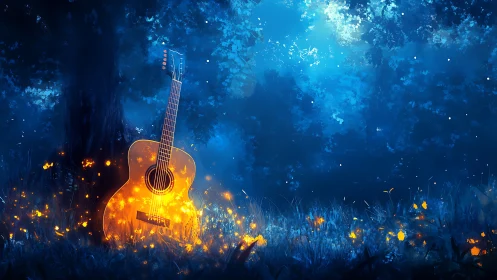 Luminous acoustic guitar ignites moonlit forest meadow.
