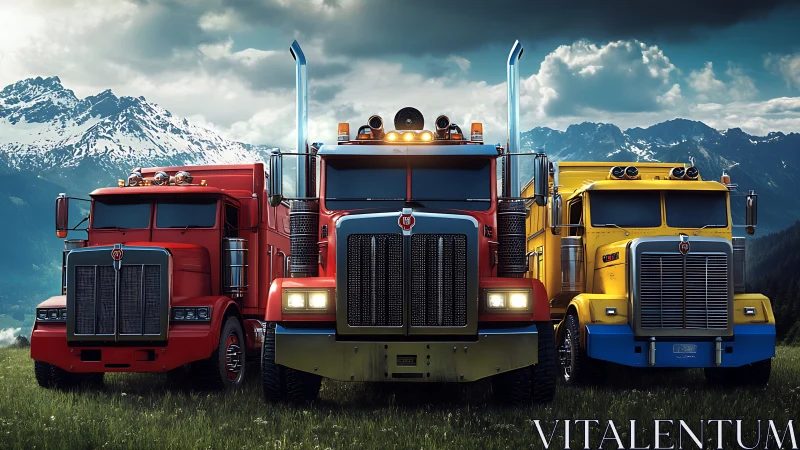 Colorful semi trucks aligned before snow covered mountains.