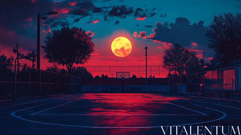 Neon moonrise over midnight basketball court in electric hush.