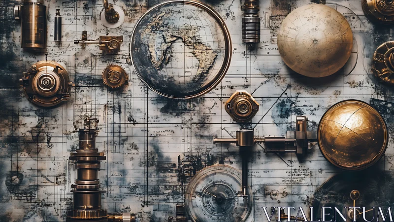 Mechanical globes and instruments on technical map wall.