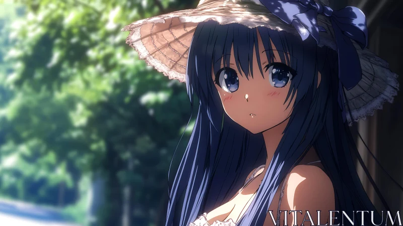 Anime girl in straw hat standing outdoors in soft daylight.