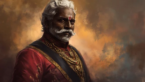 Older man in ornate red clothing stands against textured sky