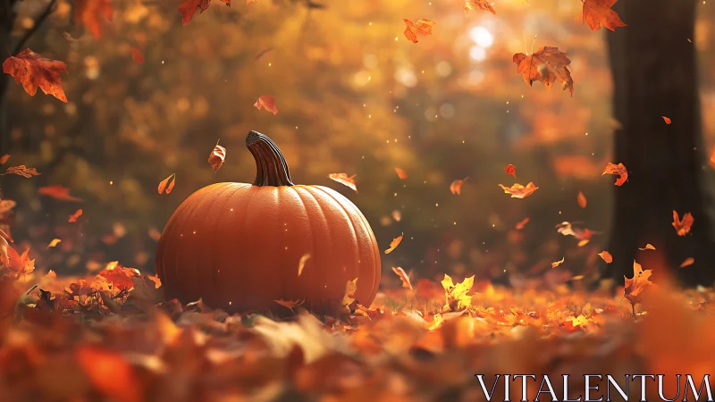 Cozy pumpkin resting in a golden whirl of autumn leaves.