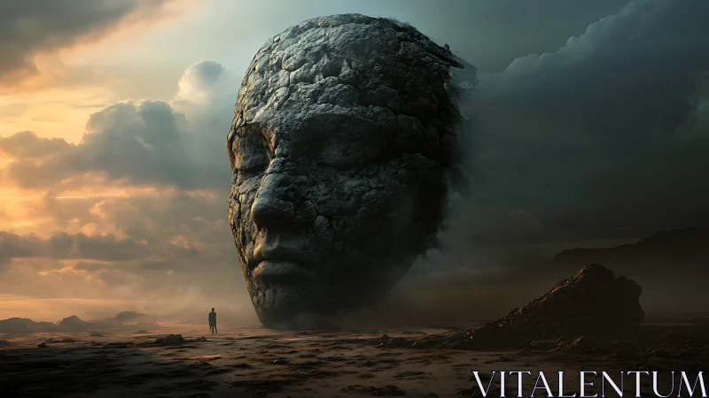 Colossal stone face adrift in misty twilight wasteland.