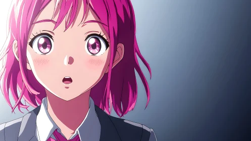 Pink haired anime student in uniform against gradient background.