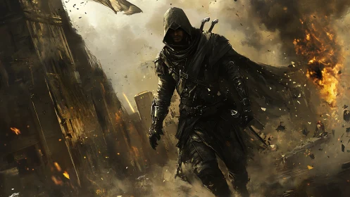 Hooded rogue strides through burning war-torn city ruins