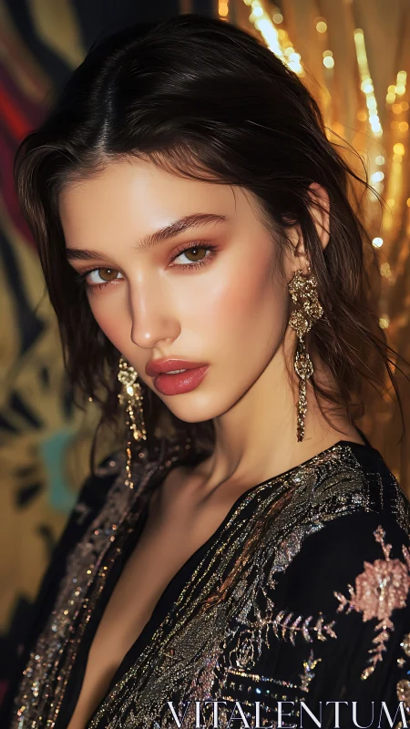 Gilded gaze in sequined midnight, poised under city lights.