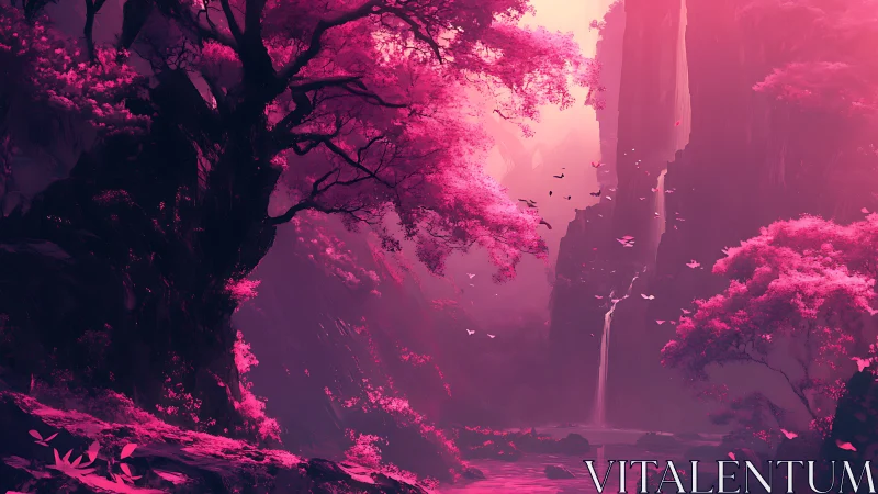 Mystic pink forest valley with cascading ethereal waterfall.