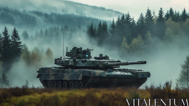 Modern battle tank in misty conifer forest landscape.