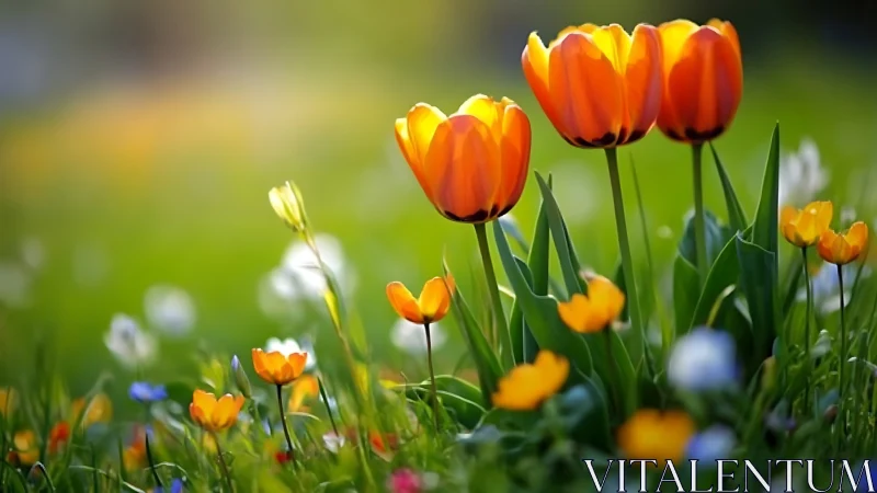 Red and Yellow Tulips Blooming in Spring Garden.