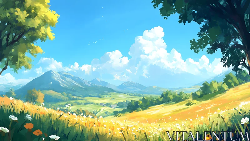 Digital landscape of mountain valley with flowering meadow.