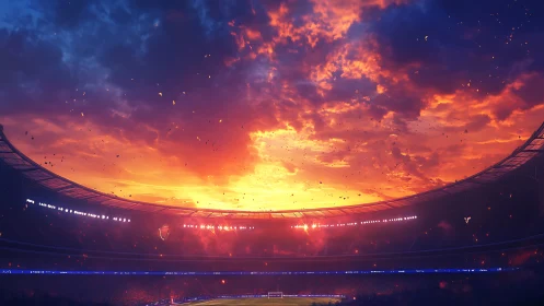 Stadium halo ignites beneath a storm of molten sunset clouds