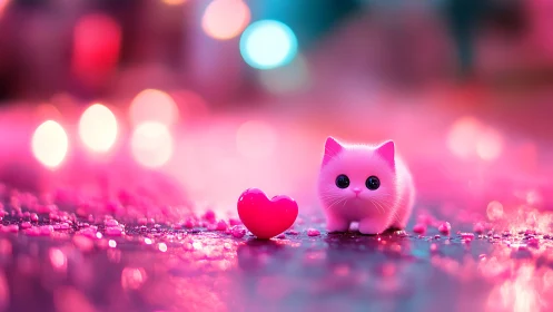 Luminous Cat and Heart in Neon Pink Glow.