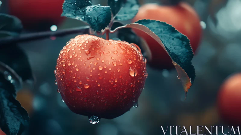 Rain-kissed red apple in moody orchard close-up view.