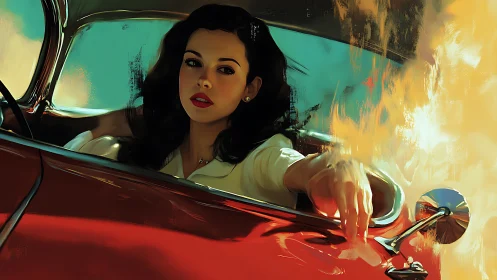 Cinematic digital portrait of woman driving vintage red car