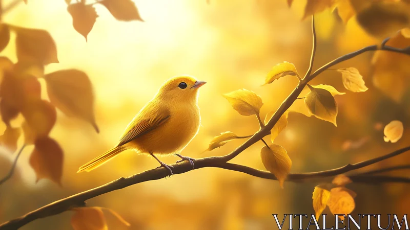 Golden Warbler Perched on Autumn Branch in Luminous Bokeh Setting